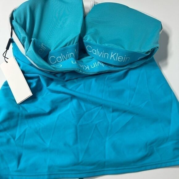 Calvin Klein V-Wire Bandeau Halter Tankini Swim Top Tropical Waters Blue XXL New - Picture 7 of 9